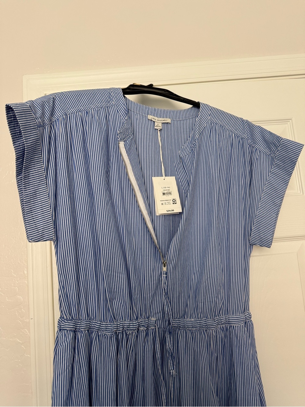 Blue and White Striped Zip-Front Midi Dress